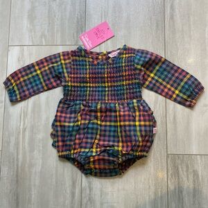 NWT RuffleButts Harvest Rainbow Gingham Long Sleeve Smocked Bubble Romper, 0-3M